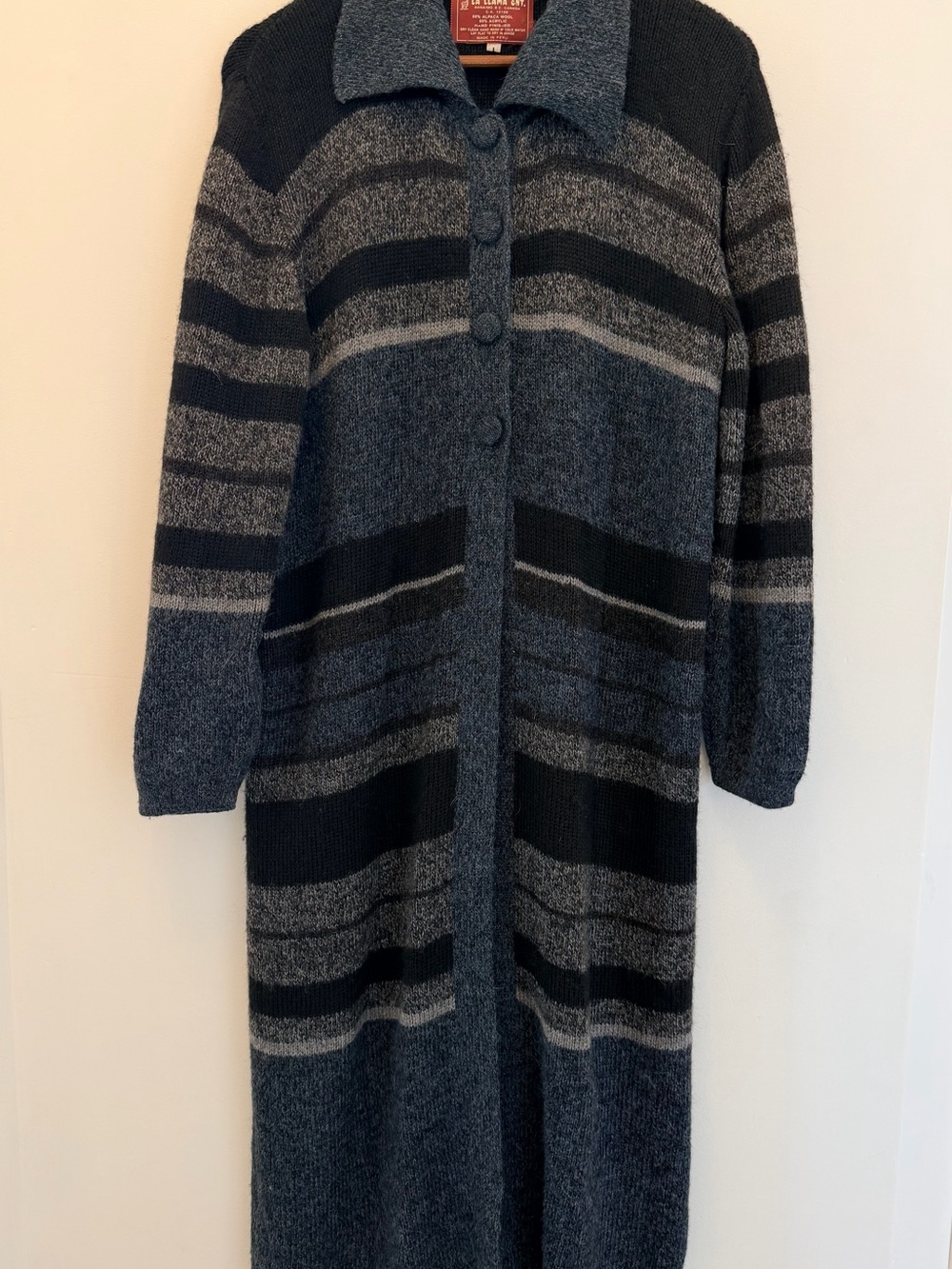 Long Button-Front Women’s Wool Blend Sweater Coatigan in Blue and Gray